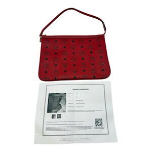 MCM Red Visetos Leather Wristlet Clutch Shoulder Bag Pouch -with certification